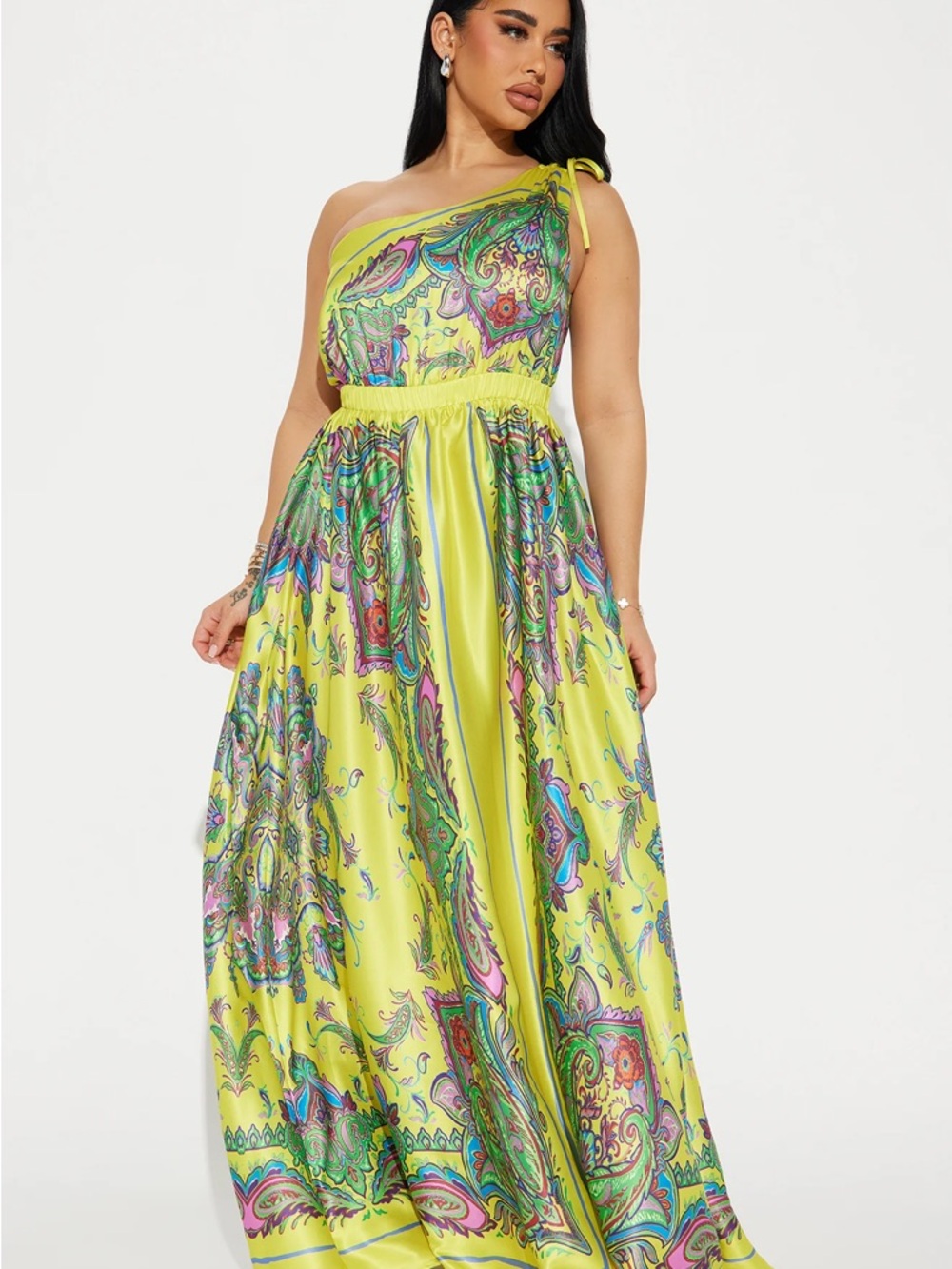 Fashion Nova Neon Yellow One-Shoulder Paisley Maxi Dress